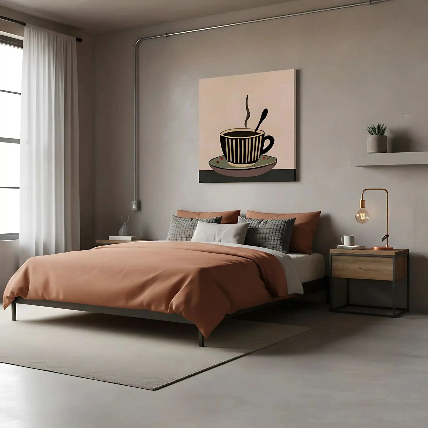 Tableau minimaliste d'une tasse de café fumante, tons bruns et beiges, ambiance chaleureuse pour cuisine ou coin café.