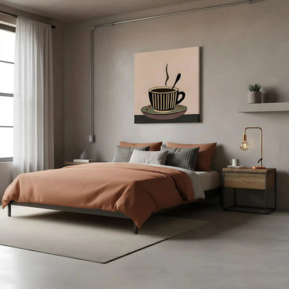 Tableau minimaliste d'une tasse de café fumante, tons bruns et beiges, ambiance chaleureuse pour cuisine ou coin café.