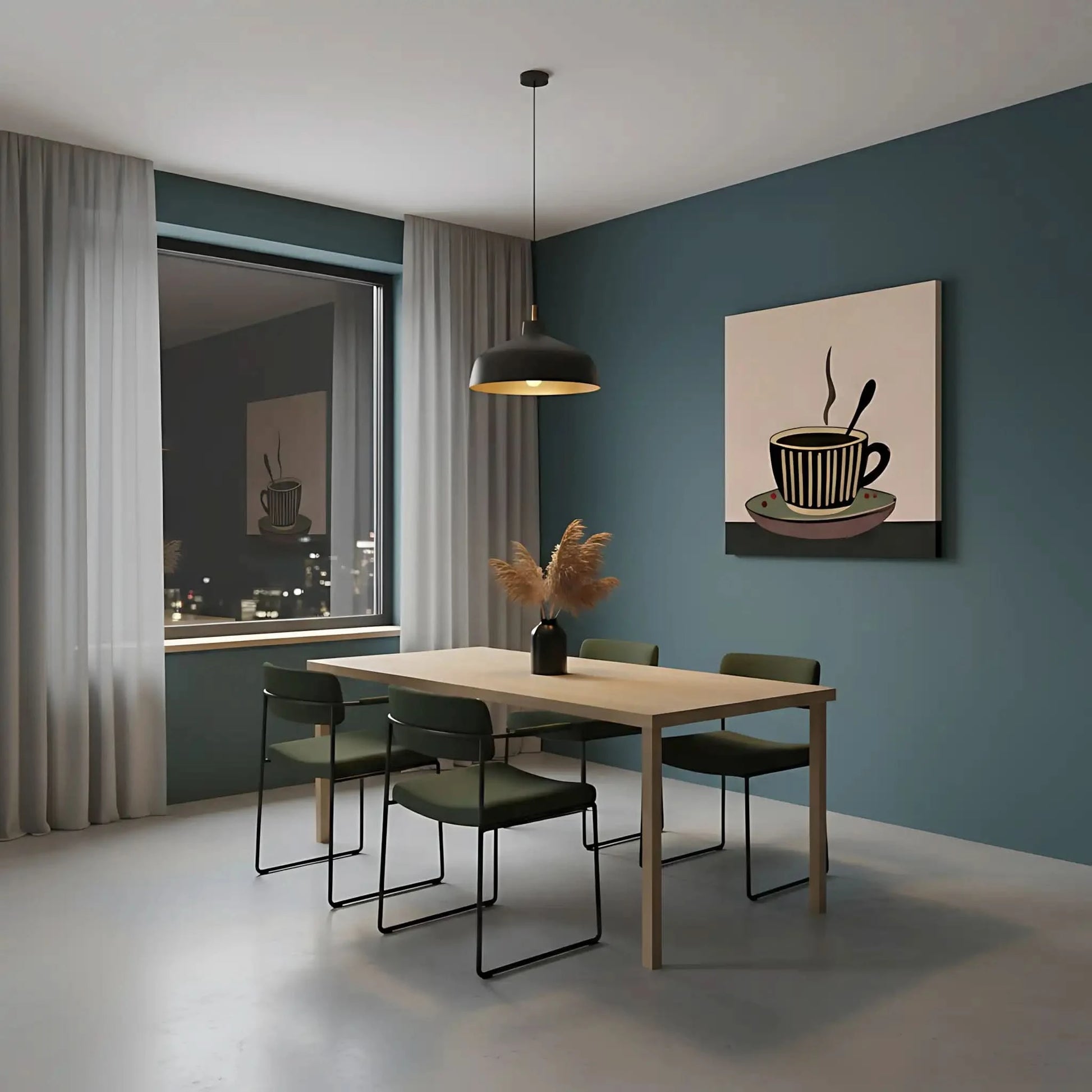 Tableau minimaliste d'une tasse de café fumante, tons bruns et beiges, ambiance chaleureuse pour cuisine ou coin café.