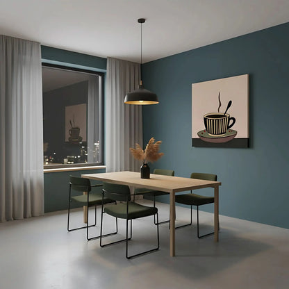 Tableau minimaliste d'une tasse de café fumante, tons bruns et beiges, ambiance chaleureuse pour cuisine ou coin café.