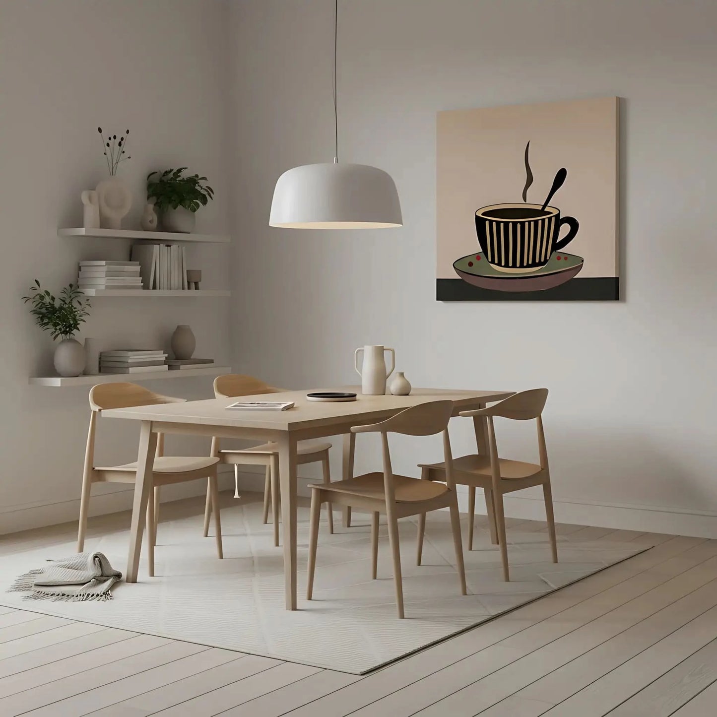 Tableau minimaliste d'une tasse de café fumante, tons bruns et beiges, ambiance chaleureuse pour cuisine ou coin café.