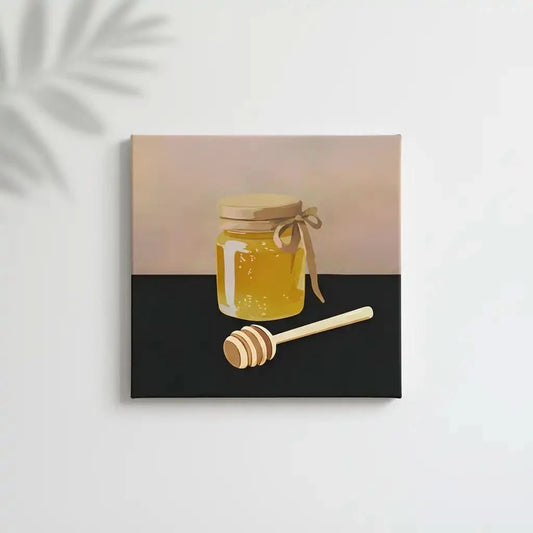 Peinture minimaliste d'un pot de miel doré sur fond noir, contraste harmonieux, ambiance chaleureuse pour cuisine ou salon.