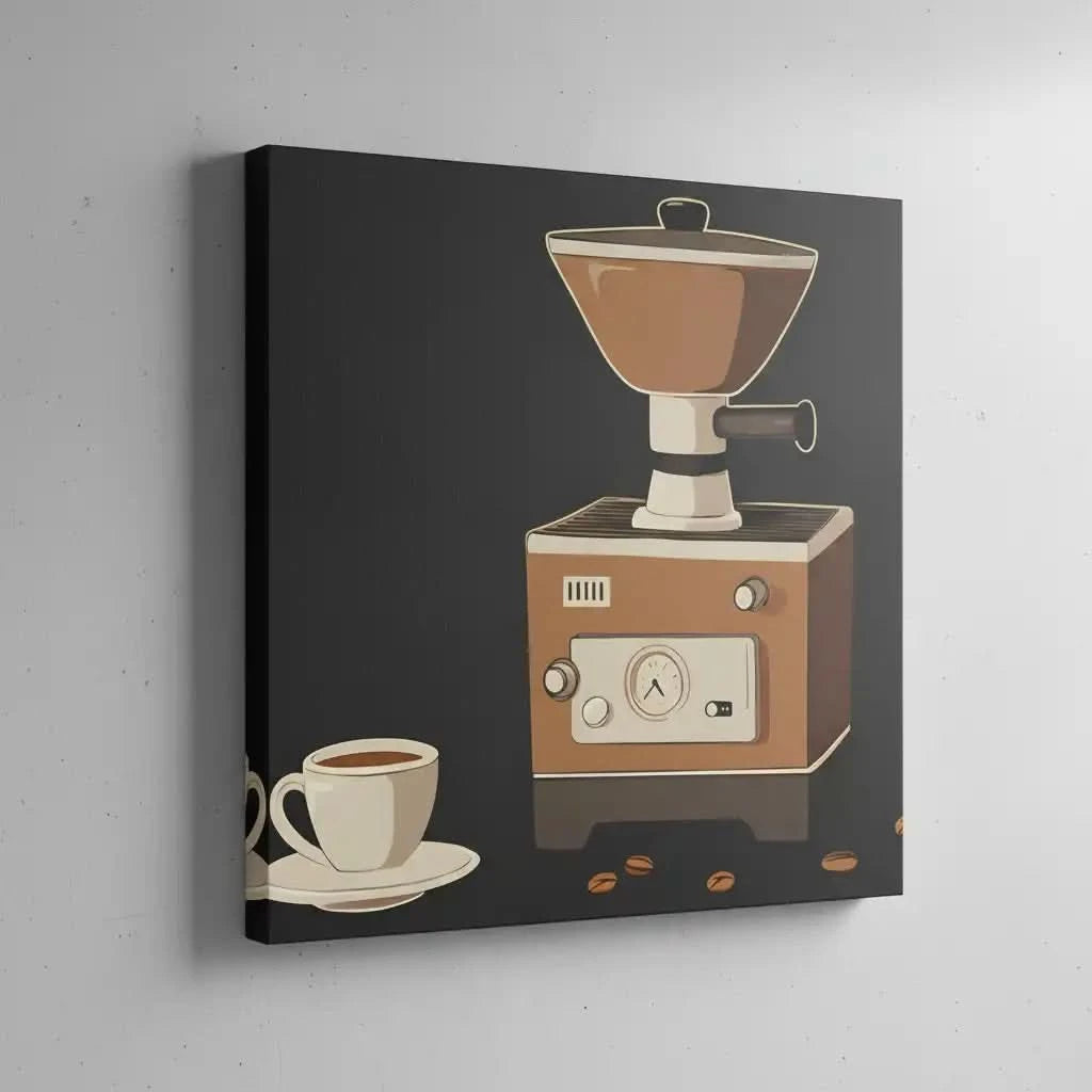 Illustration vintage de moulin à café rétro, tons marron et beige, ambiance chaleureuse pour cuisine ou coin café.