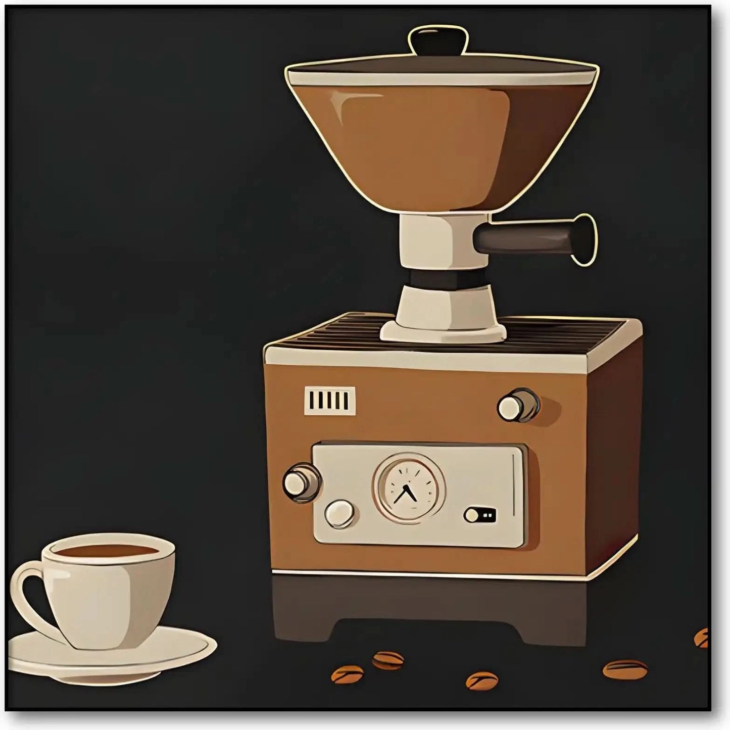 Illustration vintage de moulin à café rétro, tons marron et beige, ambiance chaleureuse pour cuisine ou coin café.