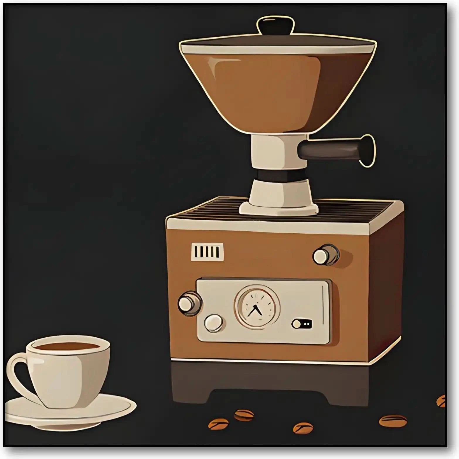 Illustration vintage de moulin à café rétro, tons marron et beige, ambiance chaleureuse pour cuisine ou coin café.