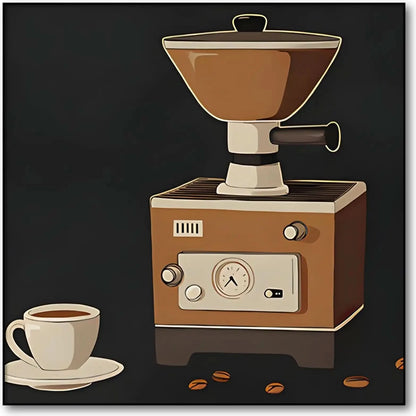 Illustration vintage de moulin à café rétro, tons marron et beige, ambiance chaleureuse pour cuisine ou coin café.
