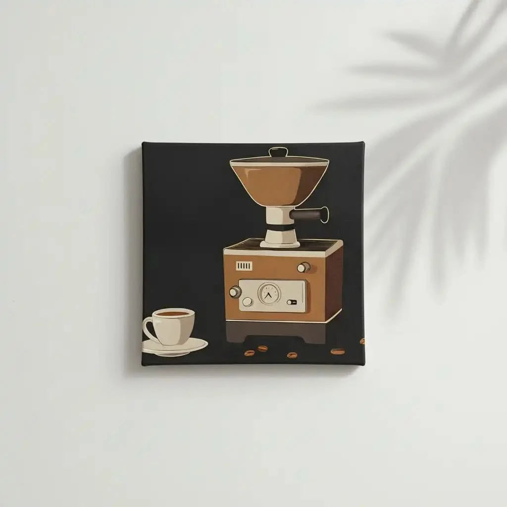 Illustration vintage de moulin à café rétro, tons marron et beige, ambiance chaleureuse pour cuisine ou coin café.