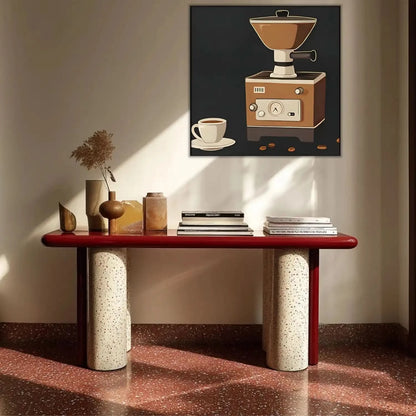 Illustration vintage de moulin à café rétro, tons marron et beige, ambiance chaleureuse pour cuisine ou coin café.