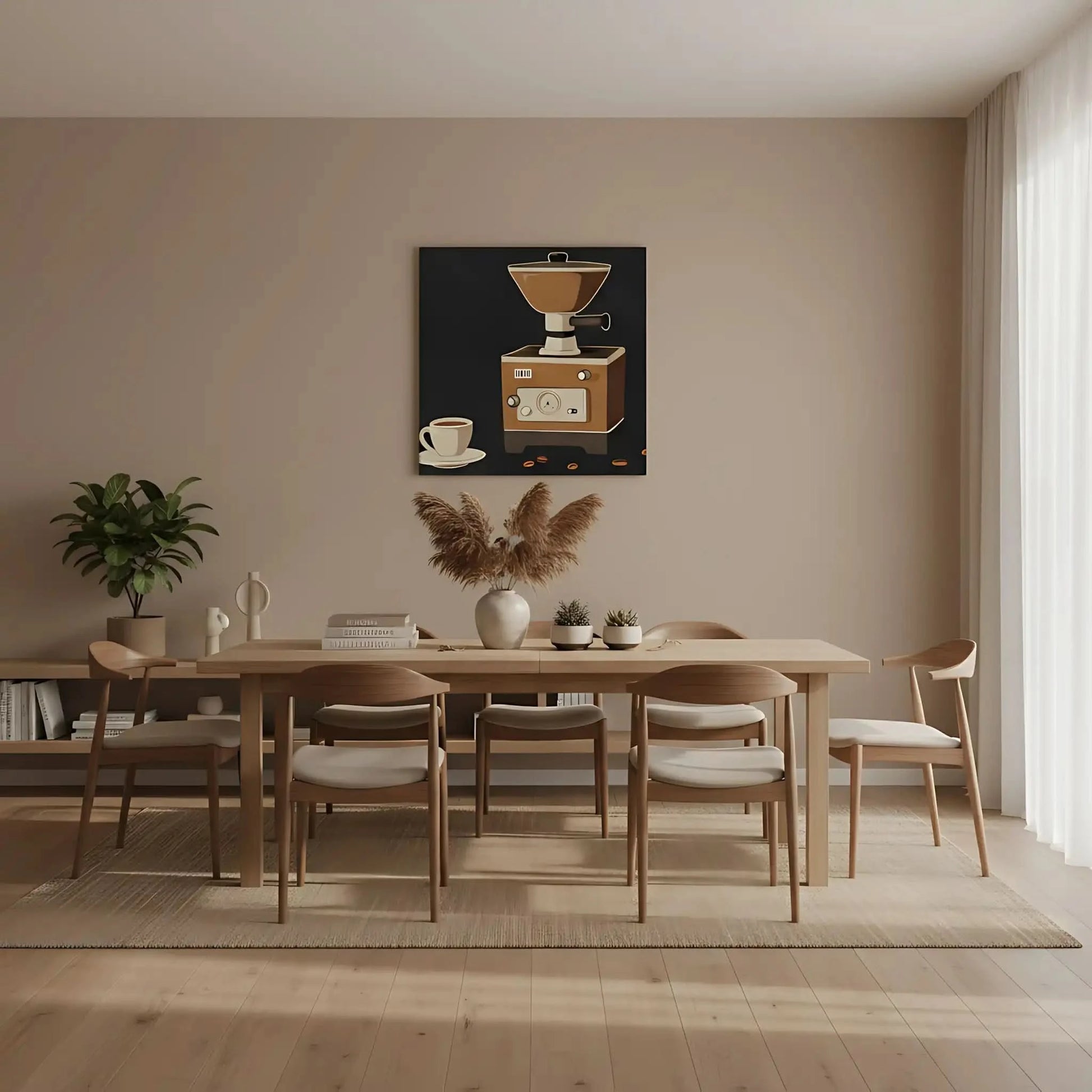 Illustration vintage de moulin à café rétro, tons marron et beige, ambiance chaleureuse pour cuisine ou coin café.