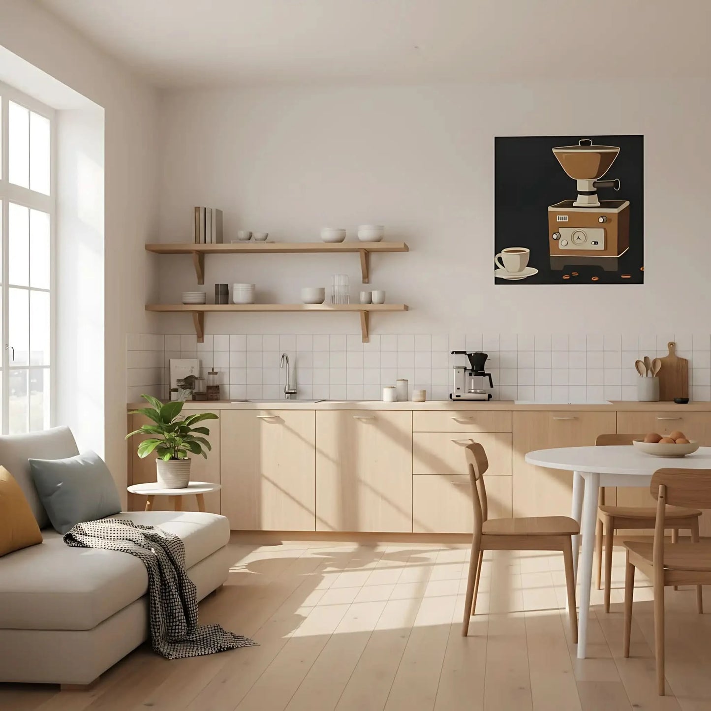 Illustration vintage de moulin à café rétro, tons marron et beige, ambiance chaleureuse pour cuisine ou coin café.