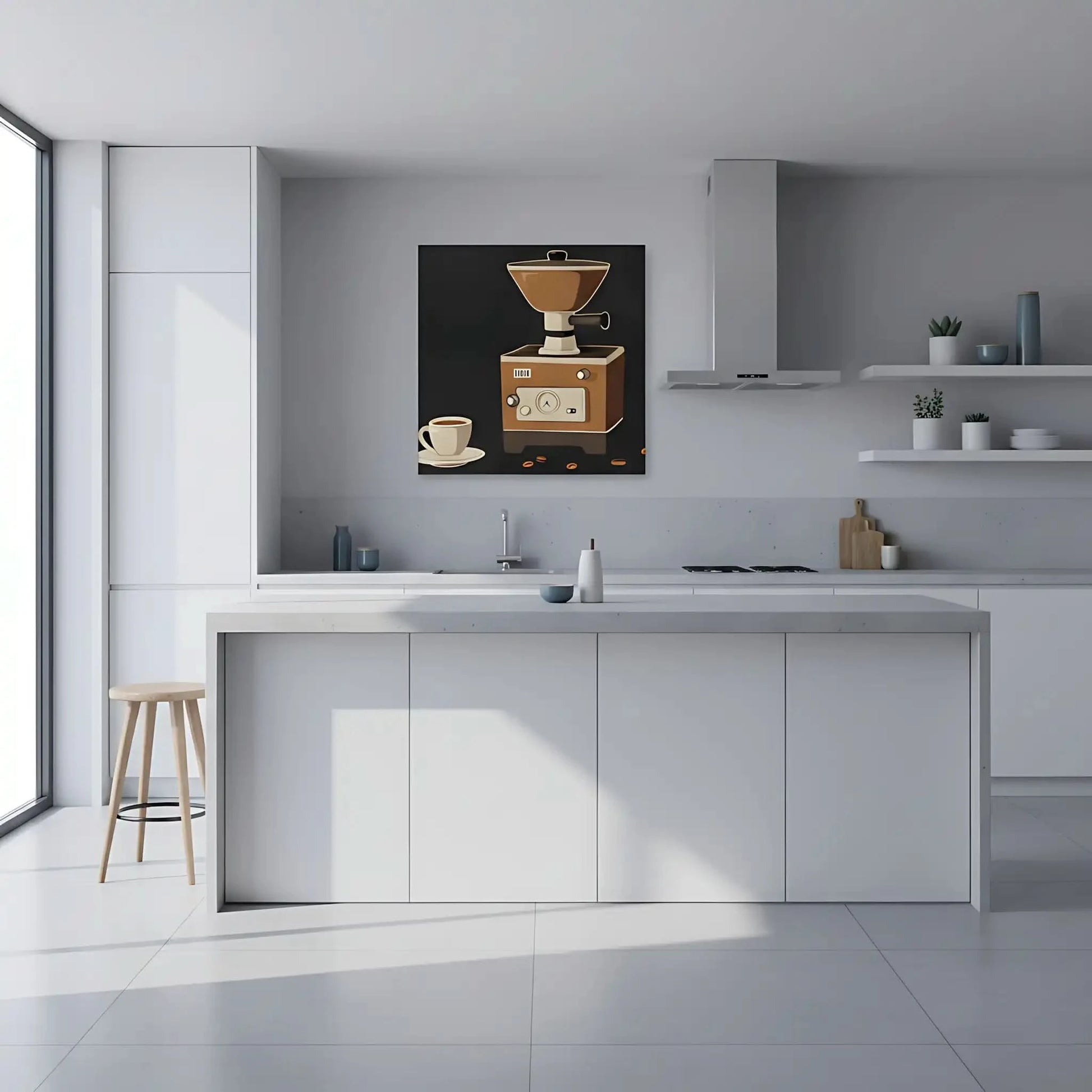 Illustration vintage de moulin à café rétro, tons marron et beige, ambiance chaleureuse pour cuisine ou coin café.