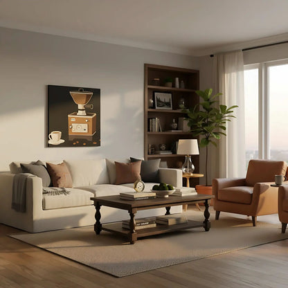 Illustration vintage de moulin à café rétro, tons marron et beige, ambiance chaleureuse pour cuisine ou coin café.