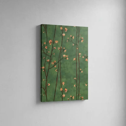 Branches délicates avec fleurs pêche sur fond vert profond, ambiance sereine et poétique pour salon ou chambre.