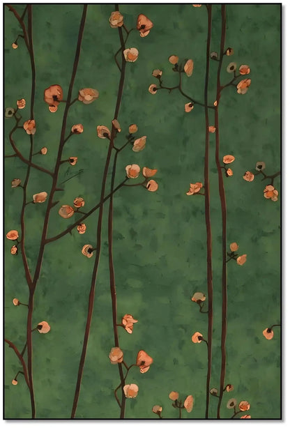 Branches délicates avec fleurs pêche sur fond vert profond, ambiance sereine et poétique pour salon ou chambre.