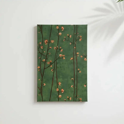 Branches délicates avec fleurs pêche sur fond vert profond, ambiance sereine et poétique pour salon ou chambre.