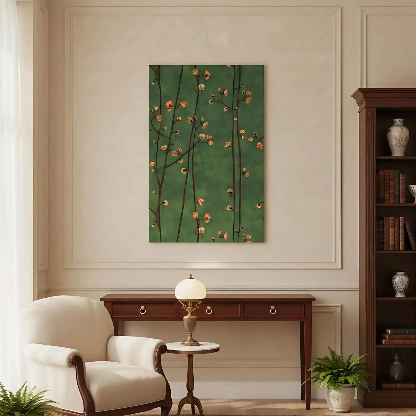 Branches délicates avec fleurs pêche sur fond vert profond, ambiance sereine et poétique pour salon ou chambre.