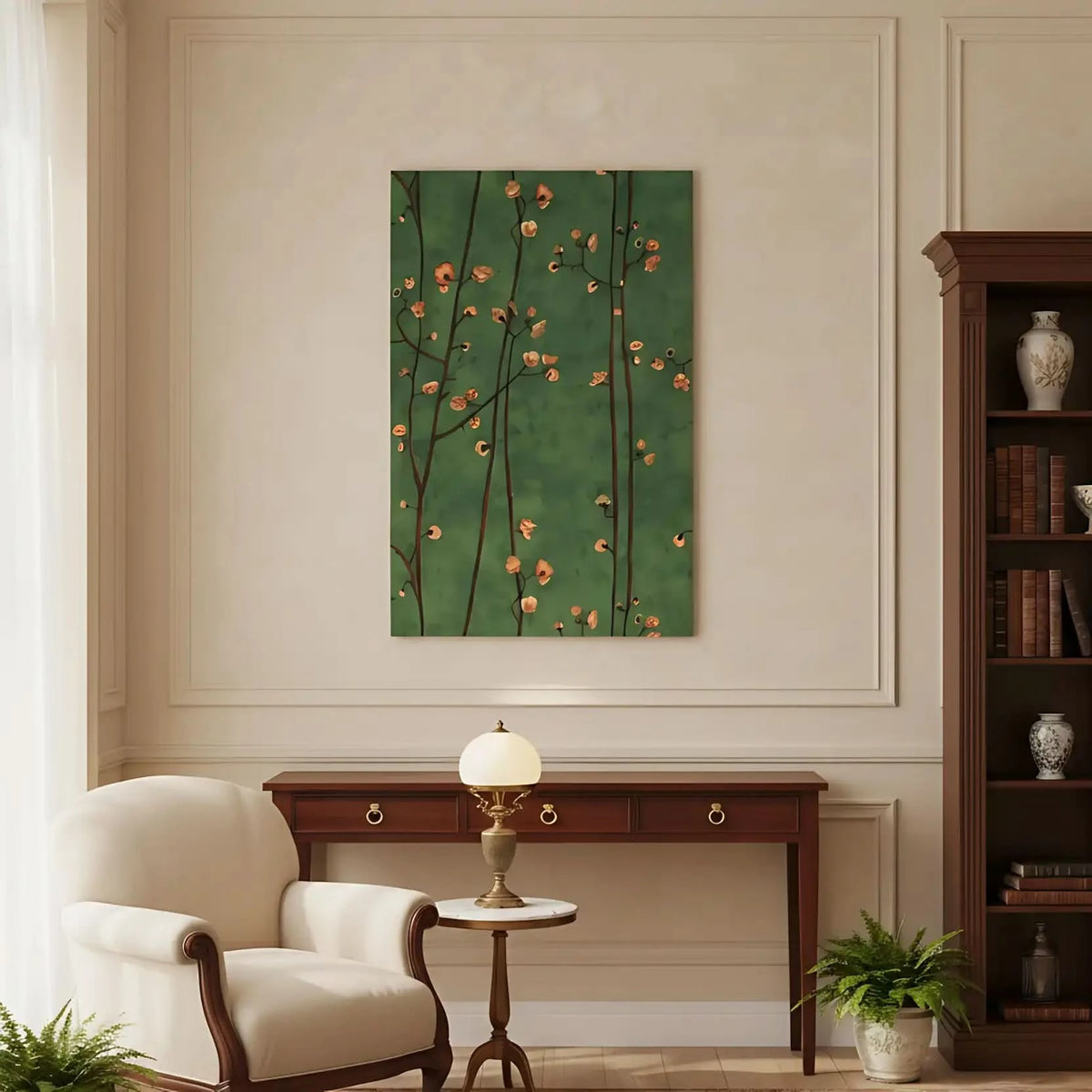 Branches délicates avec fleurs pêche sur fond vert profond, ambiance sereine et poétique pour salon ou chambre.