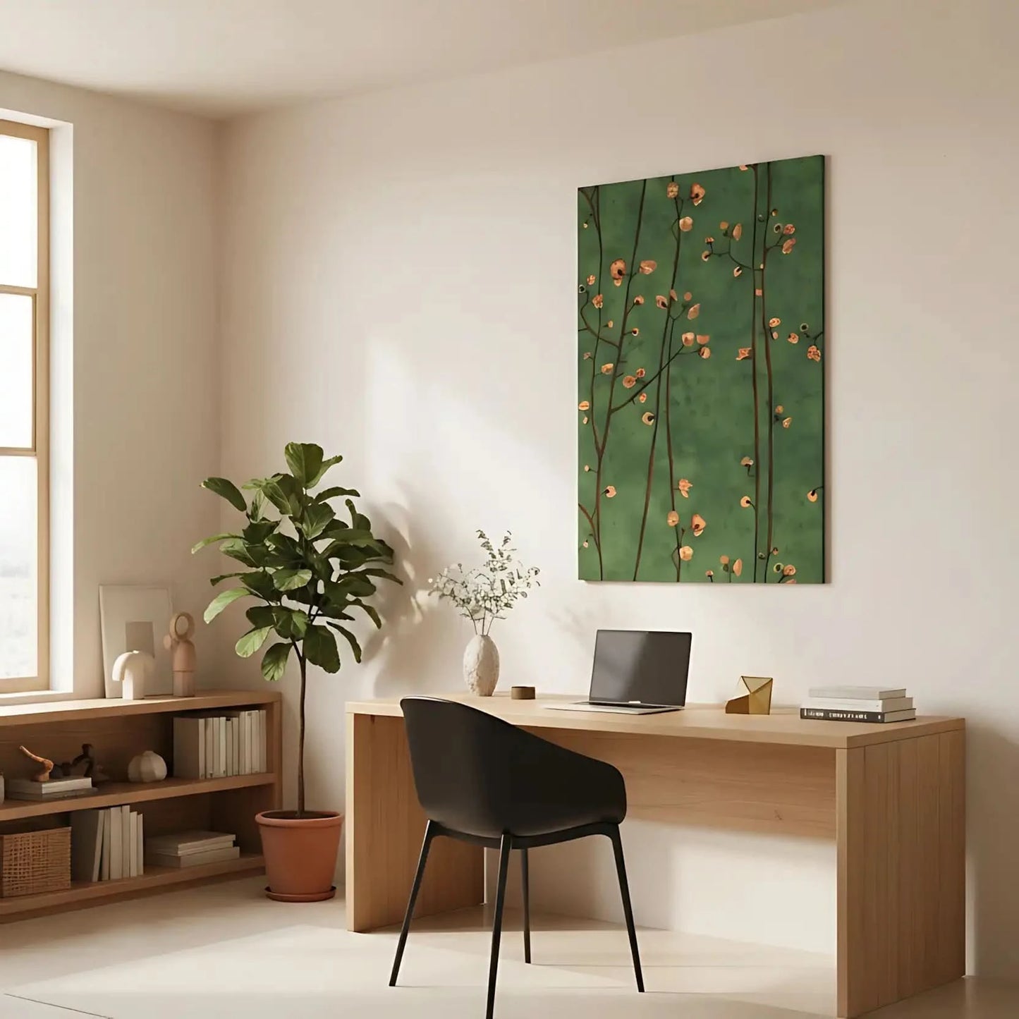 Branches délicates avec fleurs pêche sur fond vert profond, ambiance sereine et poétique pour salon ou chambre.