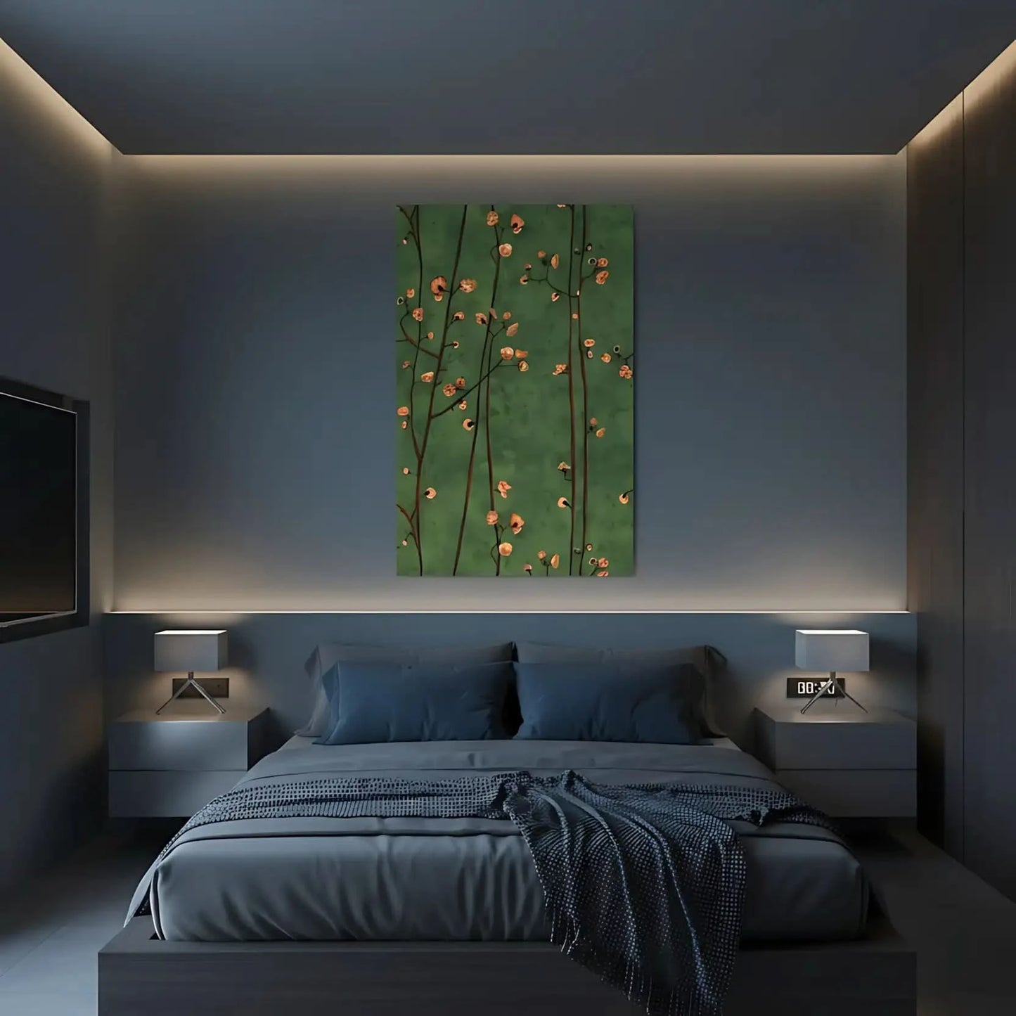 Branches délicates avec fleurs pêche sur fond vert profond, ambiance sereine et poétique pour salon ou chambre.