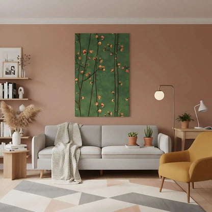 Branches délicates avec fleurs pêche sur fond vert profond, ambiance sereine et poétique pour salon ou chambre.