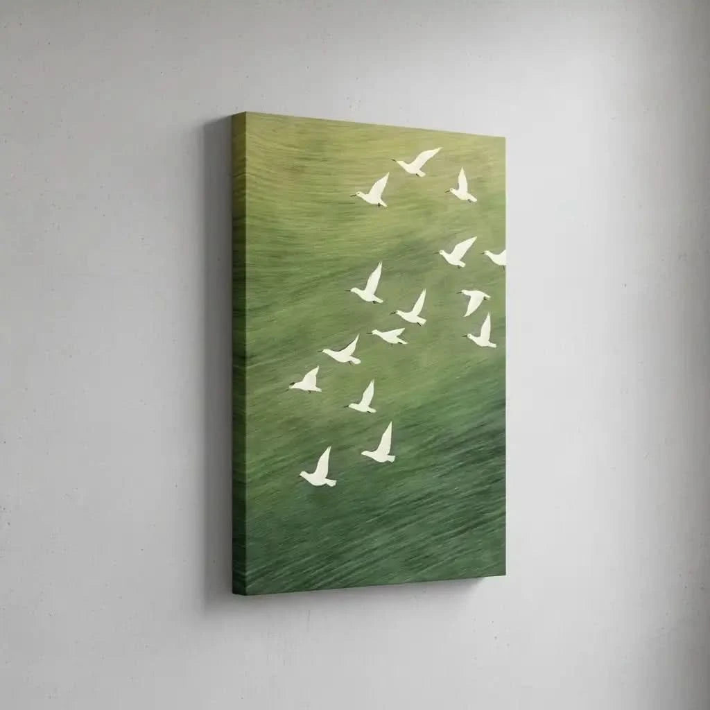 Oiseaux blancs en vol sur fond vert apaisant, évoquant liberté et sérénité, idéal pour salon ou bureau.