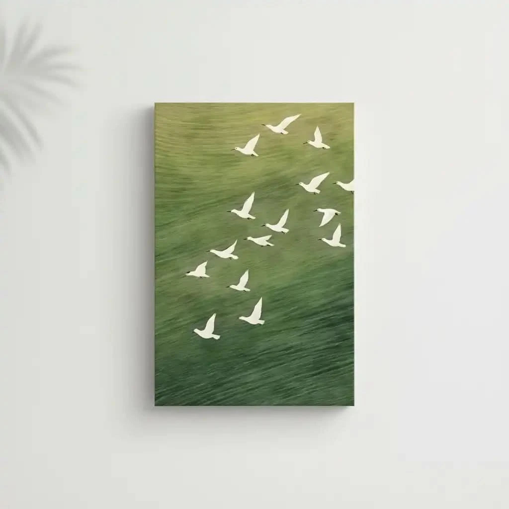 Oiseaux blancs en vol sur fond vert apaisant, évoquant liberté et sérénité, idéal pour salon ou bureau.