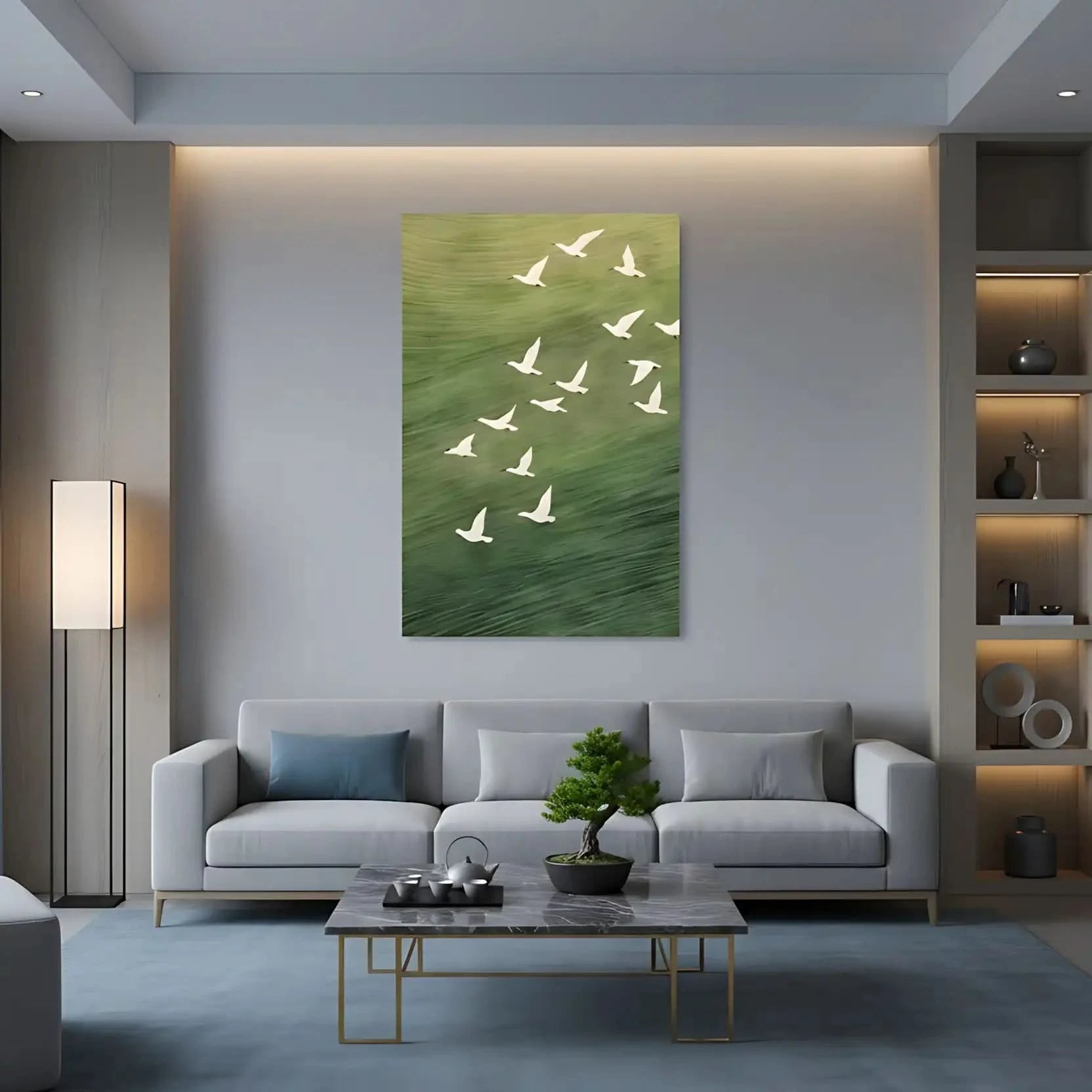 Oiseaux blancs en vol sur fond vert apaisant, évoquant liberté et sérénité, idéal pour salon ou bureau.