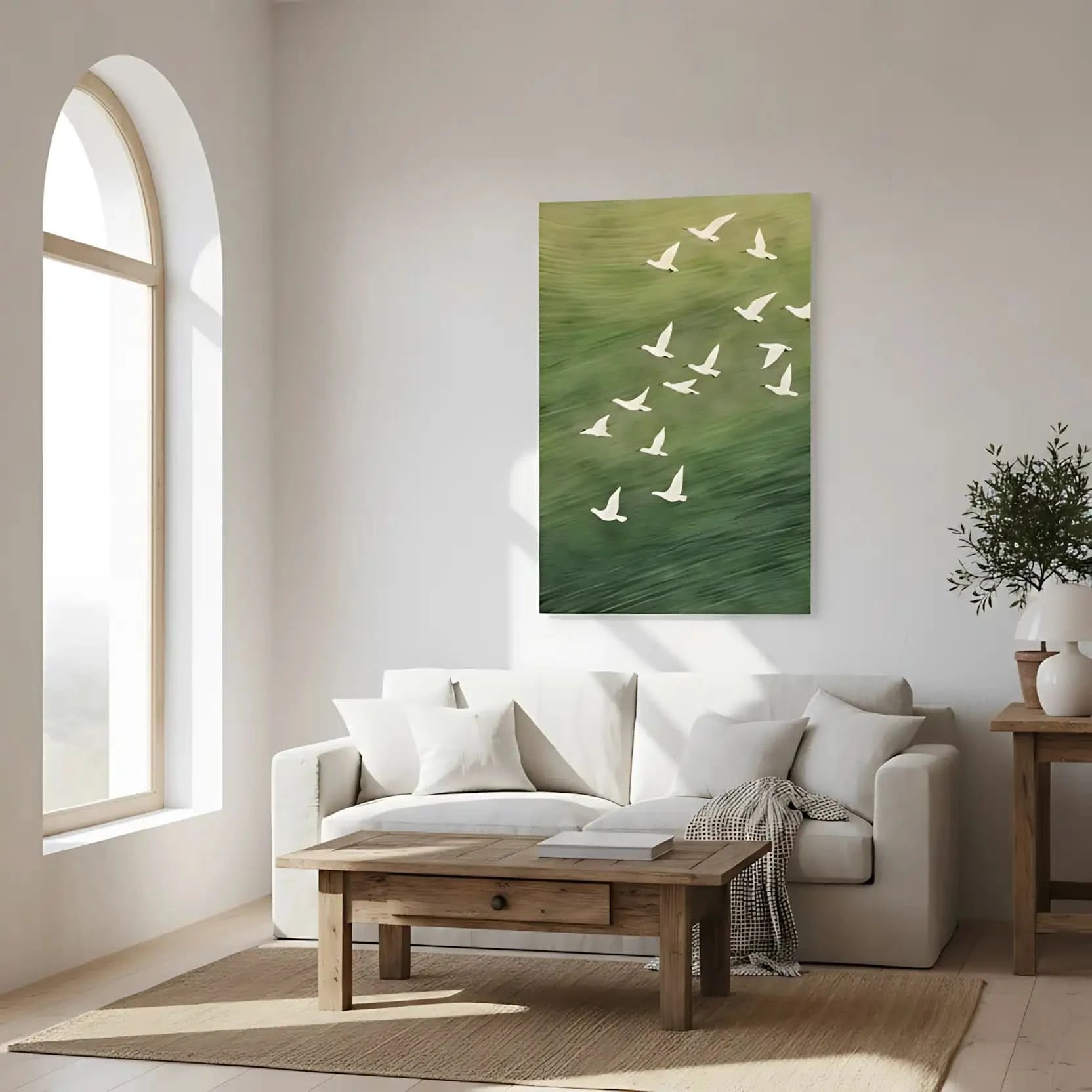 Oiseaux blancs en vol sur fond vert apaisant, évoquant liberté et sérénité, idéal pour salon ou bureau.