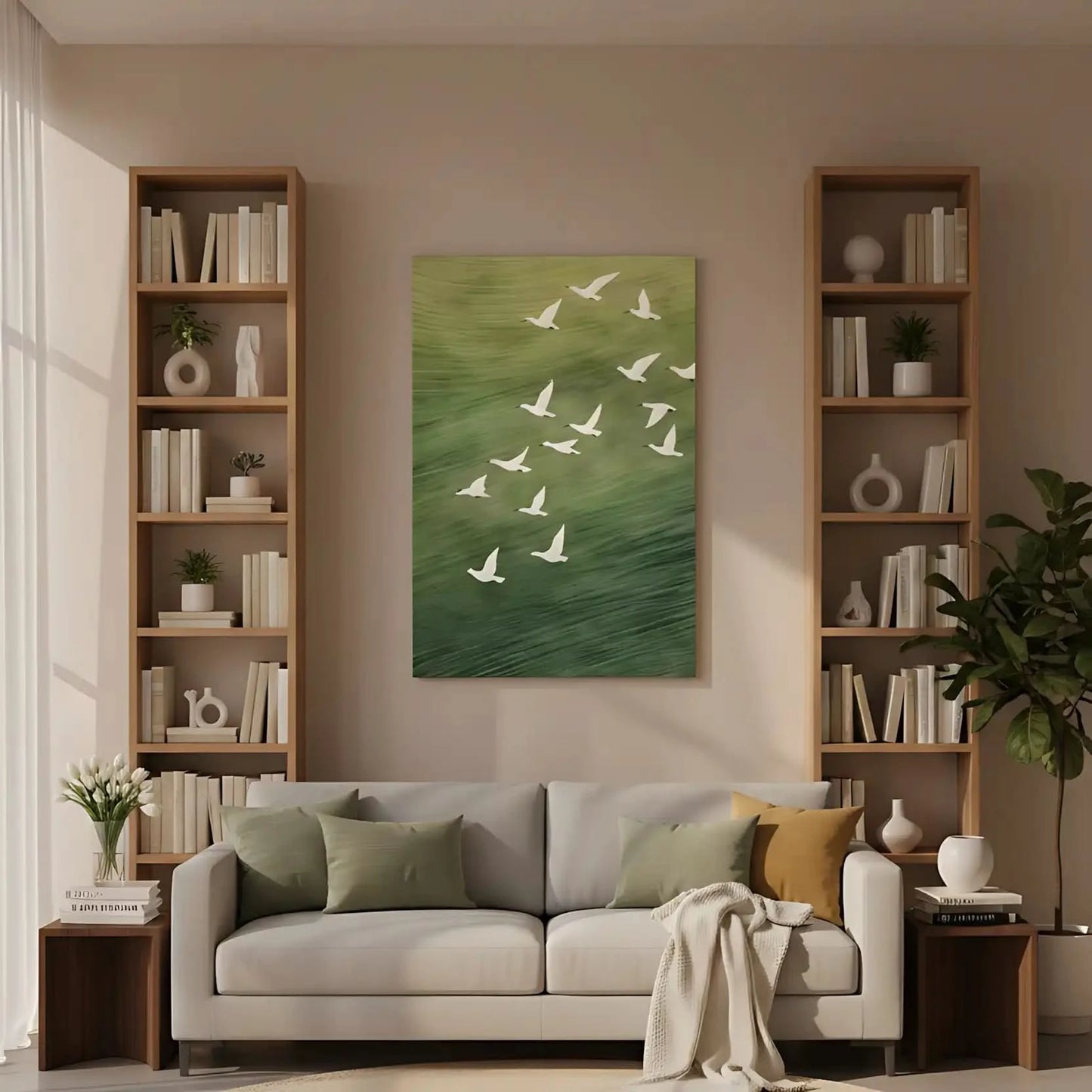 Oiseaux blancs en vol sur fond vert apaisant, évoquant liberté et sérénité, idéal pour salon ou bureau.