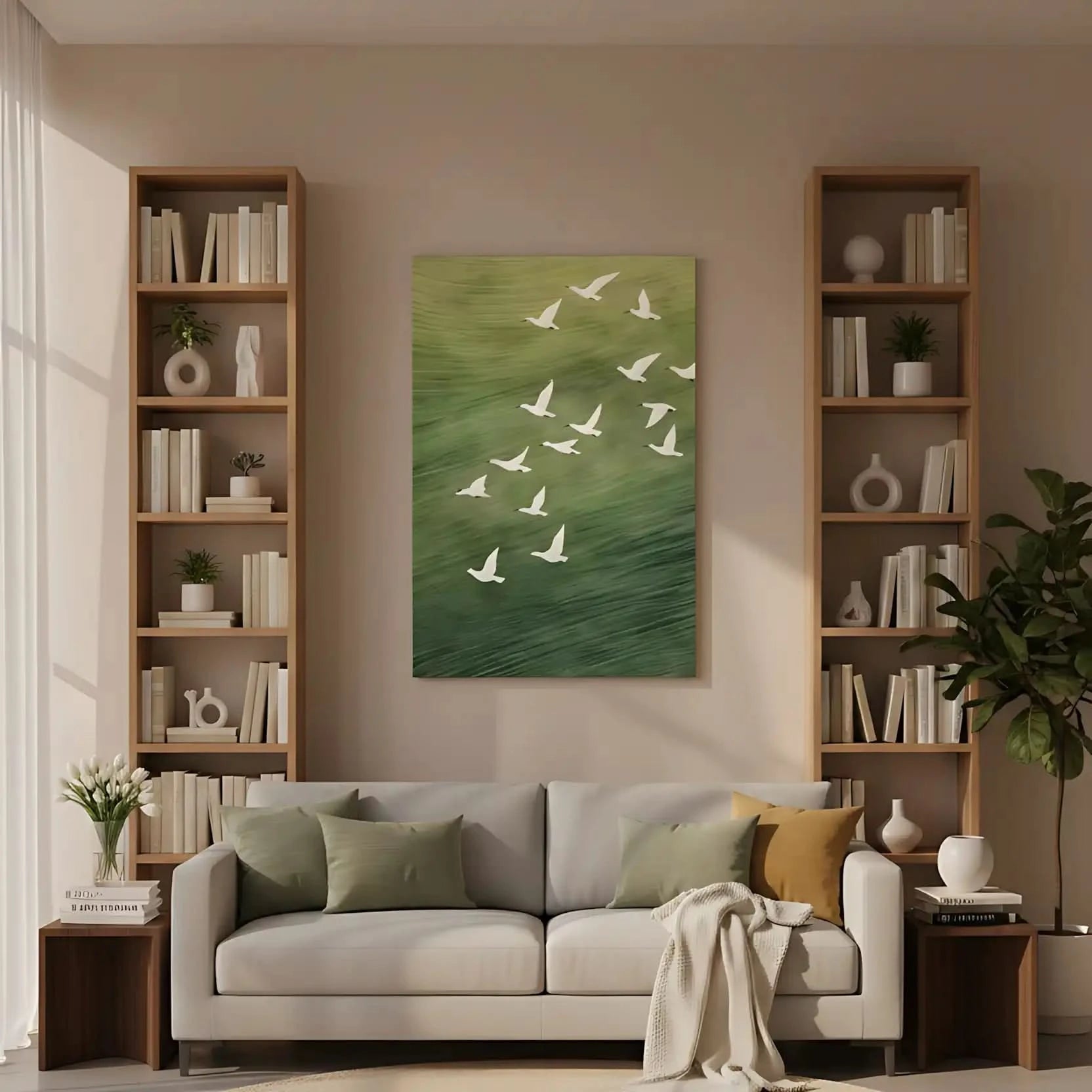 Oiseaux blancs en vol sur fond vert apaisant, évoquant liberté et sérénité, idéal pour salon ou bureau.