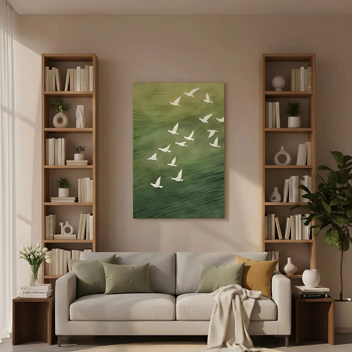 Oiseaux blancs en vol sur fond vert apaisant, évoquant liberté et sérénité, idéal pour salon ou bureau.