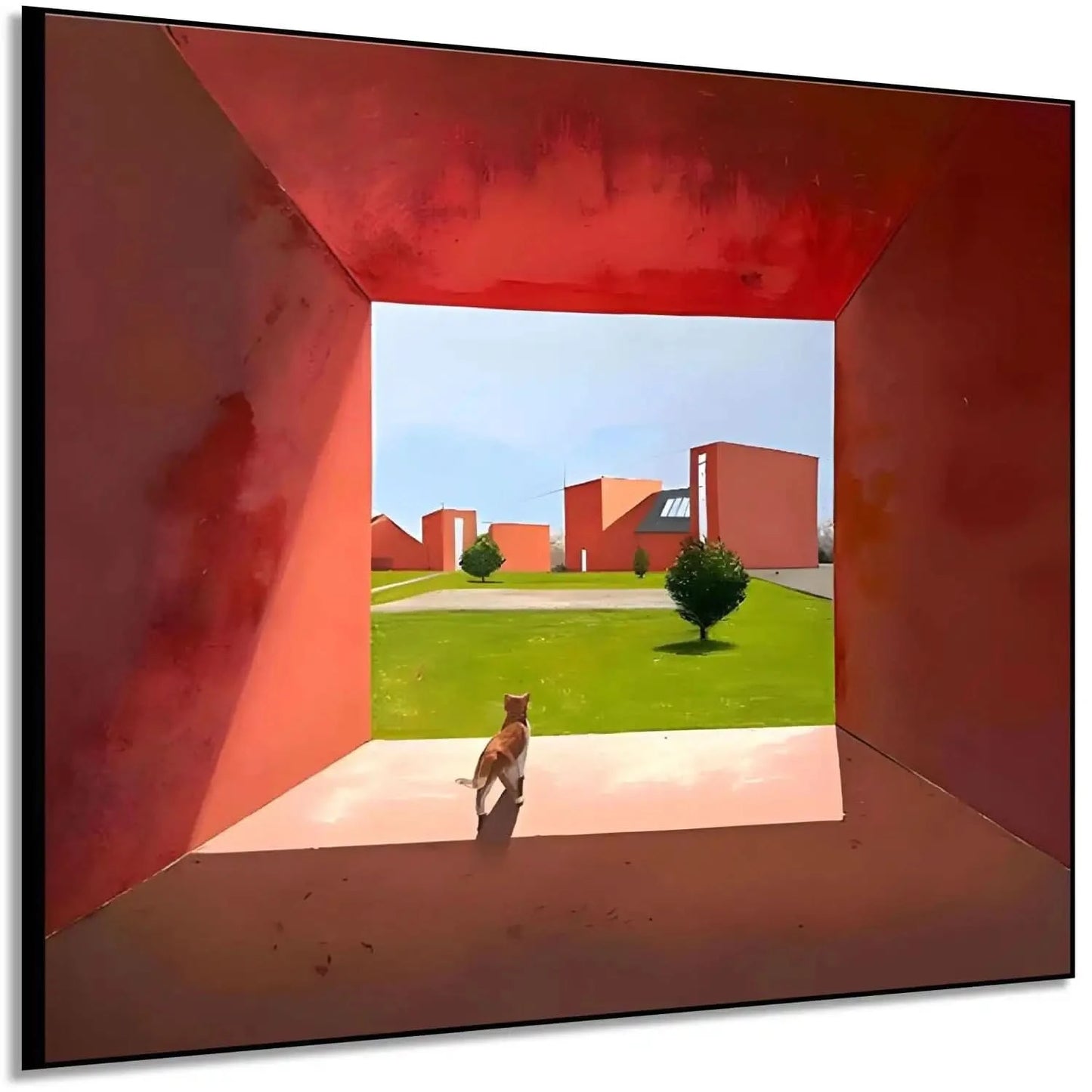 Scène géométrique avec chat, teintes rouges et vertes, ambiance moderne et sereine pour salon ou bureau.