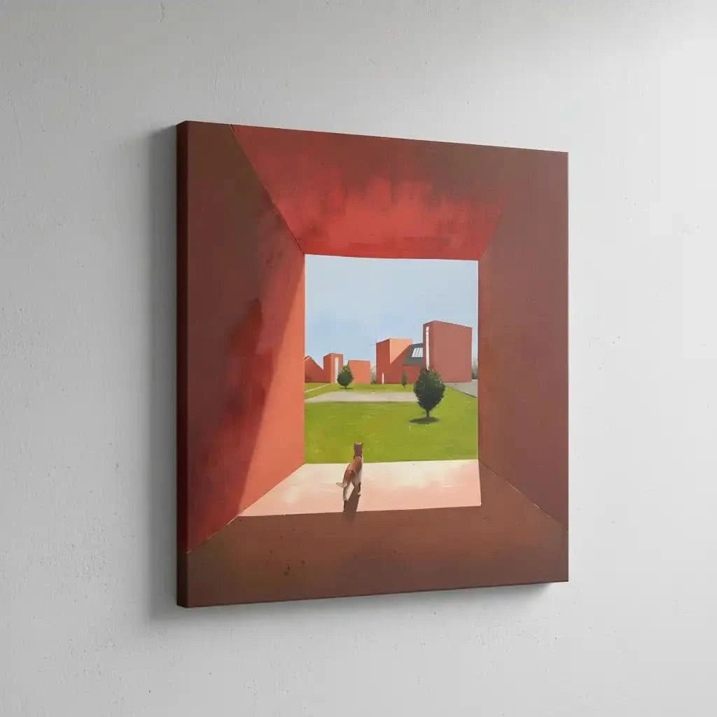 Scène géométrique avec chat, teintes rouges et vertes, ambiance moderne et sereine pour salon ou bureau.