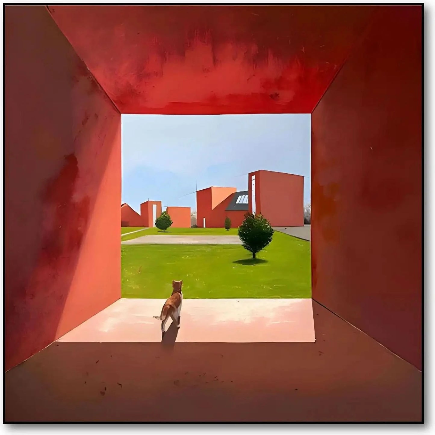 Scène géométrique avec chat, teintes rouges et vertes, ambiance moderne et sereine pour salon ou bureau.