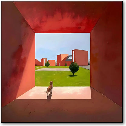 Scène géométrique avec chat, teintes rouges et vertes, ambiance moderne et sereine pour salon ou bureau.