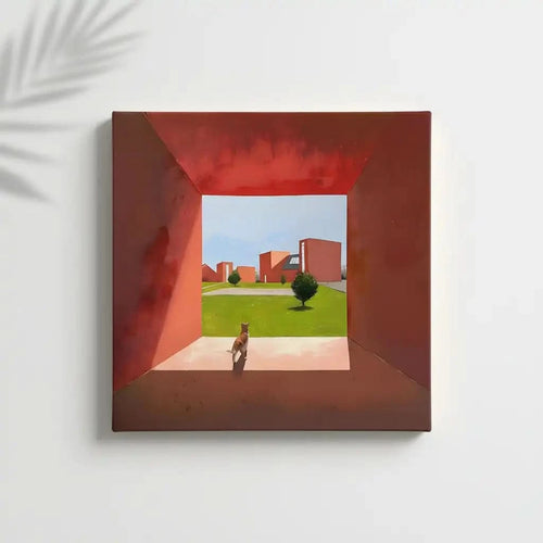 Scène géométrique avec chat, teintes rouges et vertes, ambiance moderne et sereine pour salon ou bureau.