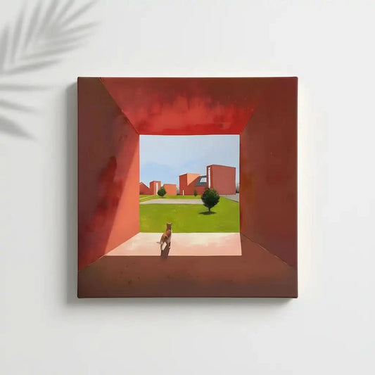 Scène géométrique avec chat, teintes rouges et vertes, ambiance moderne et sereine pour salon ou bureau.