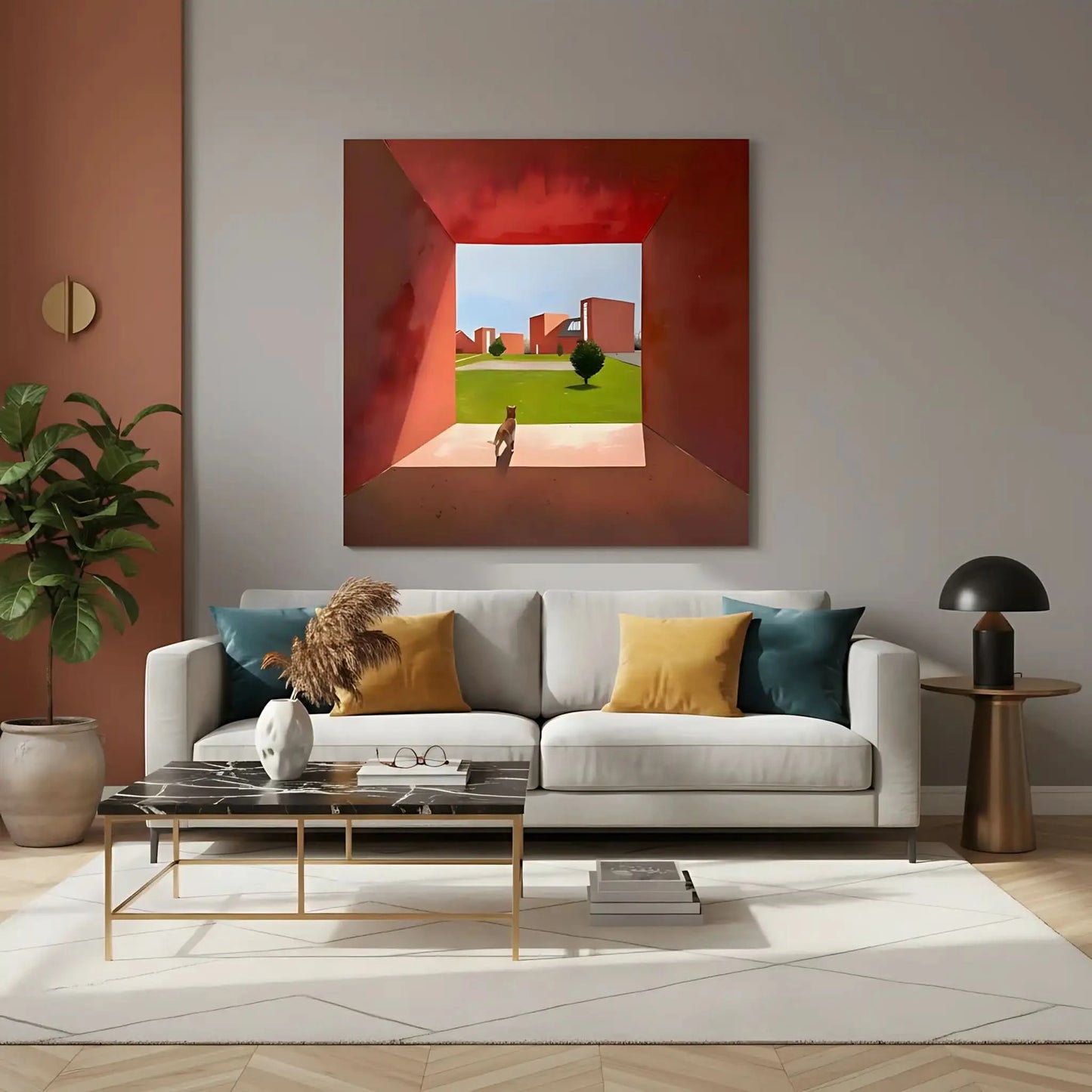 Scène géométrique avec chat, teintes rouges et vertes, ambiance moderne et sereine pour salon ou bureau.