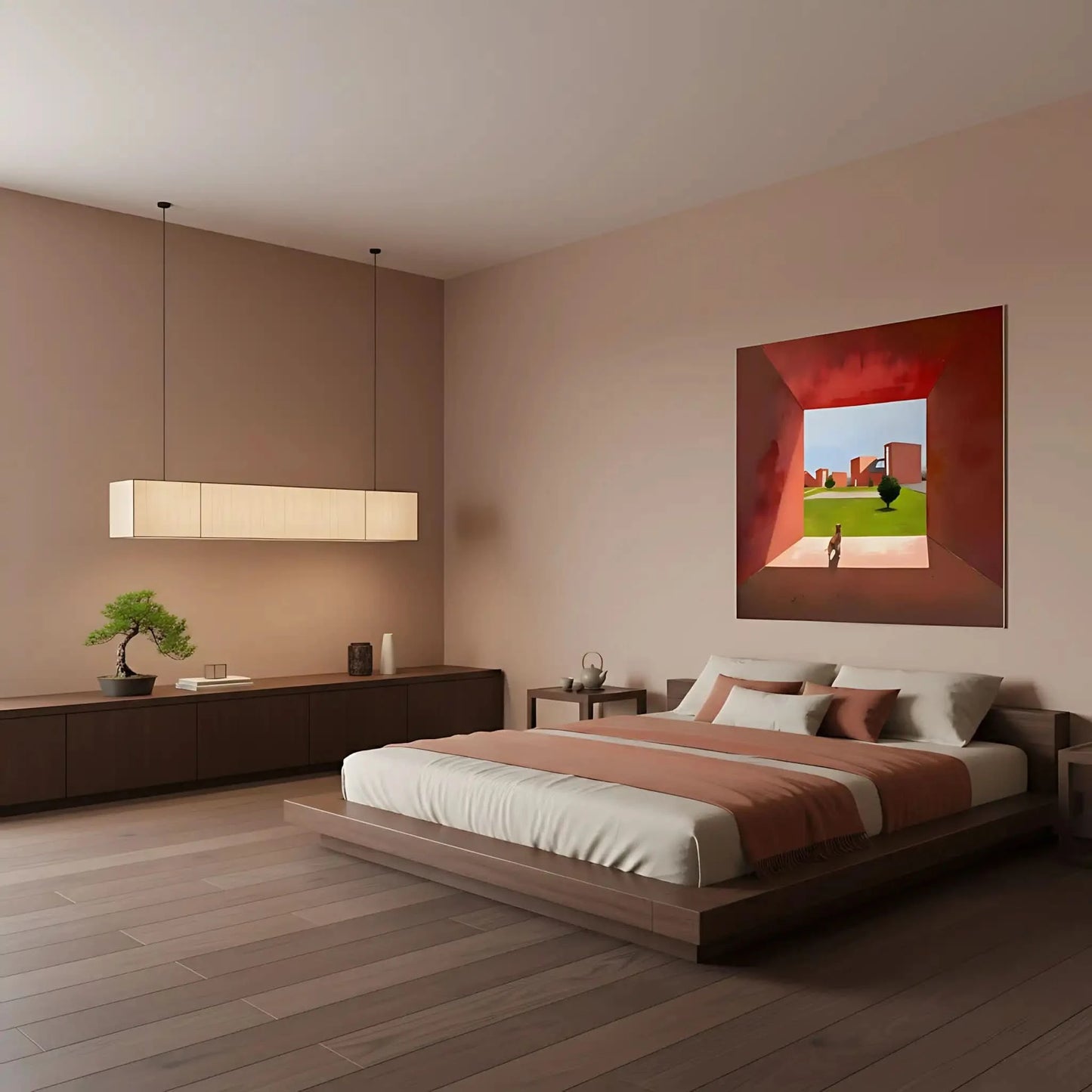 Scène géométrique avec chat, teintes rouges et vertes, ambiance moderne et sereine pour salon ou bureau.