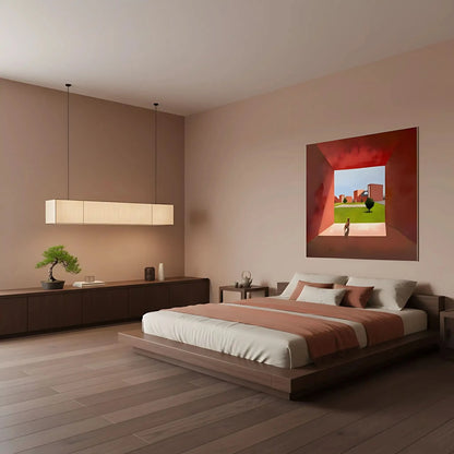 Scène géométrique avec chat, teintes rouges et vertes, ambiance moderne et sereine pour salon ou bureau.