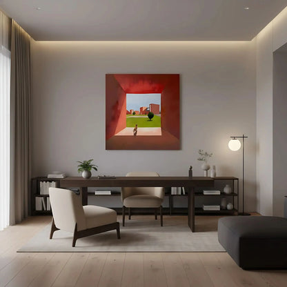 Scène géométrique avec chat, teintes rouges et vertes, ambiance moderne et sereine pour salon ou bureau.