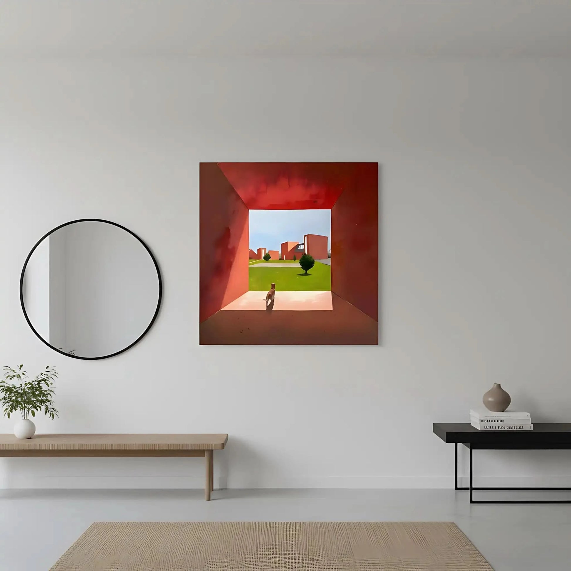 Scène géométrique avec chat, teintes rouges et vertes, ambiance moderne et sereine pour salon ou bureau.