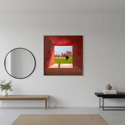 Scène géométrique avec chat, teintes rouges et vertes, ambiance moderne et sereine pour salon ou bureau.