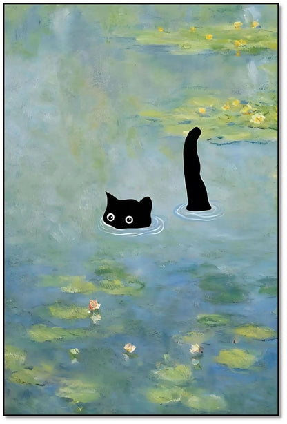 Chat noir mystérieux dans un étang aux nuances de bleu et vert, ambiance paisible et énigmatique pour salon ou bureau.