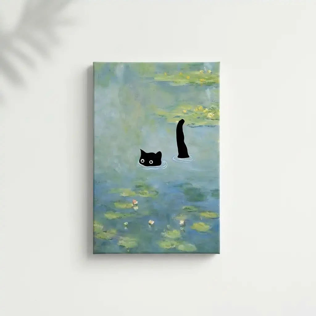 Chat noir mystérieux dans un étang aux nuances de bleu et vert, ambiance paisible et énigmatique pour salon ou bureau.