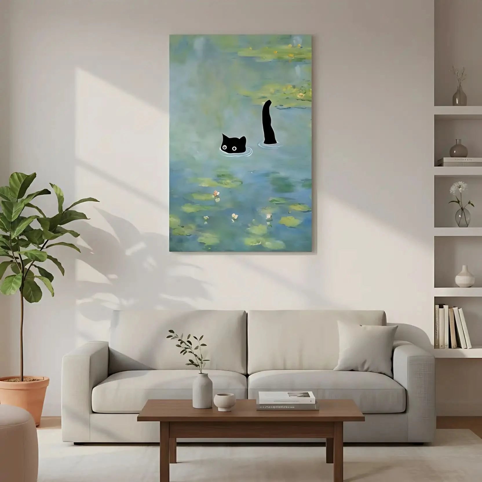 Chat noir mystérieux dans un étang aux nuances de bleu et vert, ambiance paisible et énigmatique pour salon ou bureau.