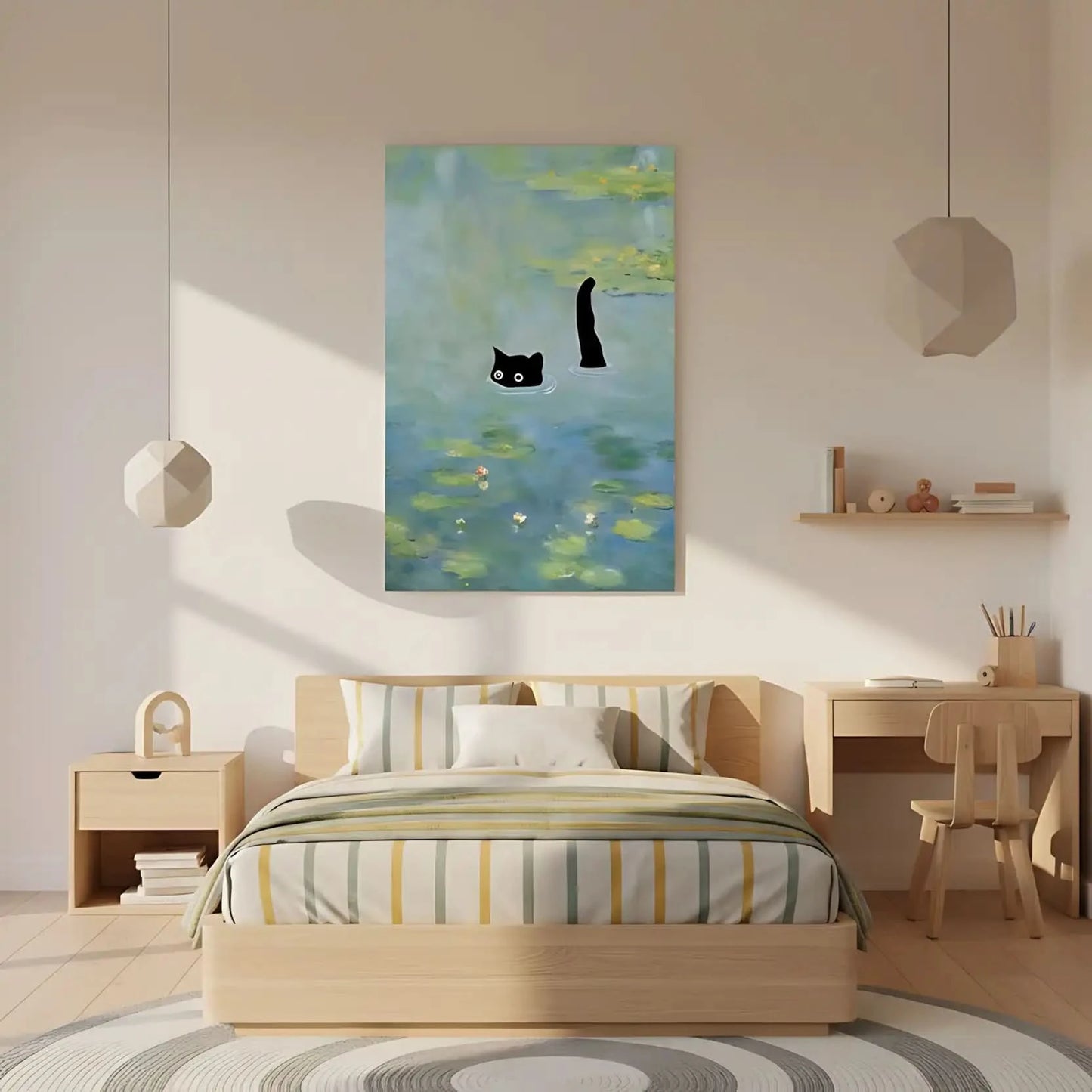 Chat noir mystérieux dans un étang aux nuances de bleu et vert, ambiance paisible et énigmatique pour salon ou bureau.