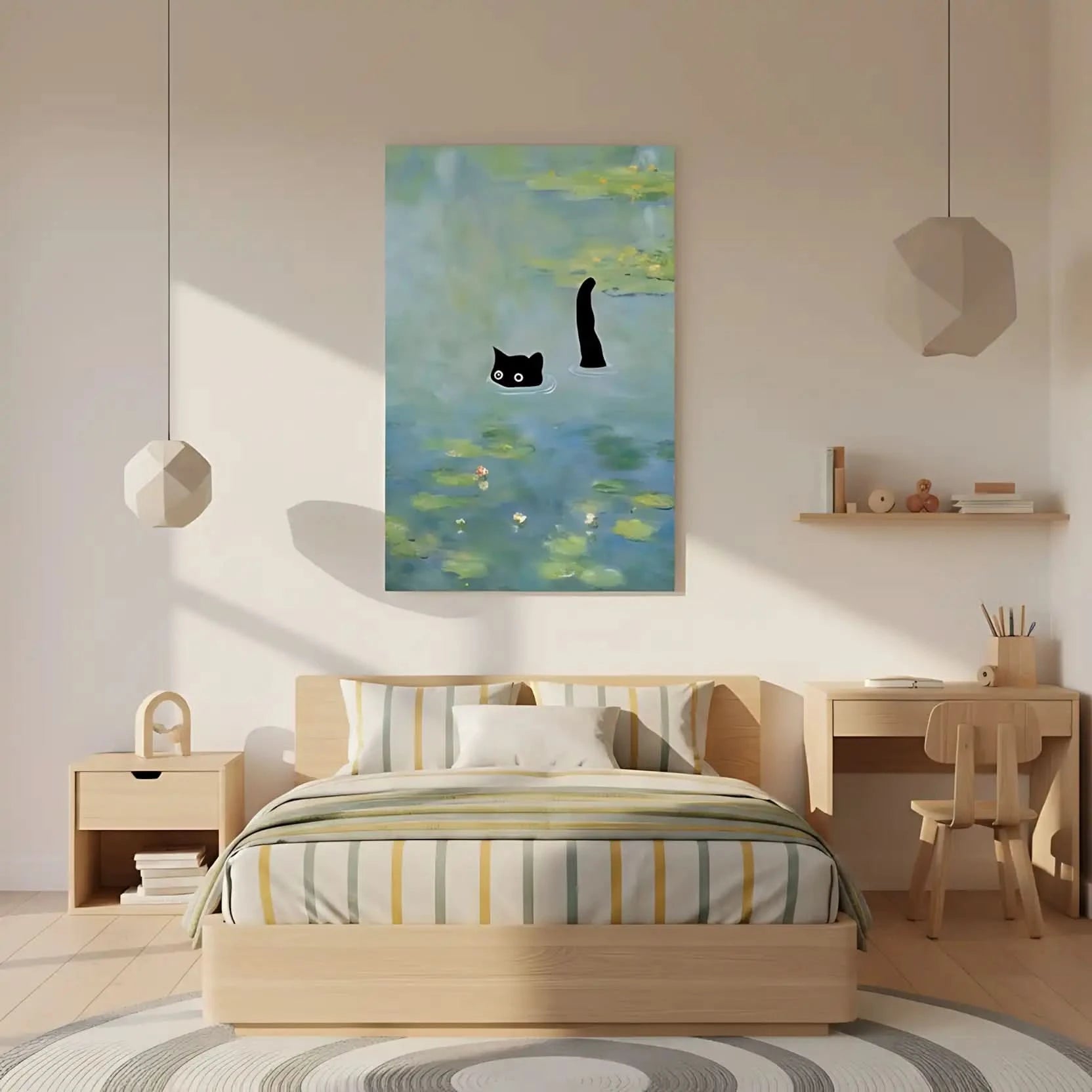 Chat noir mystérieux dans un étang aux nuances de bleu et vert, ambiance paisible et énigmatique pour salon ou bureau.