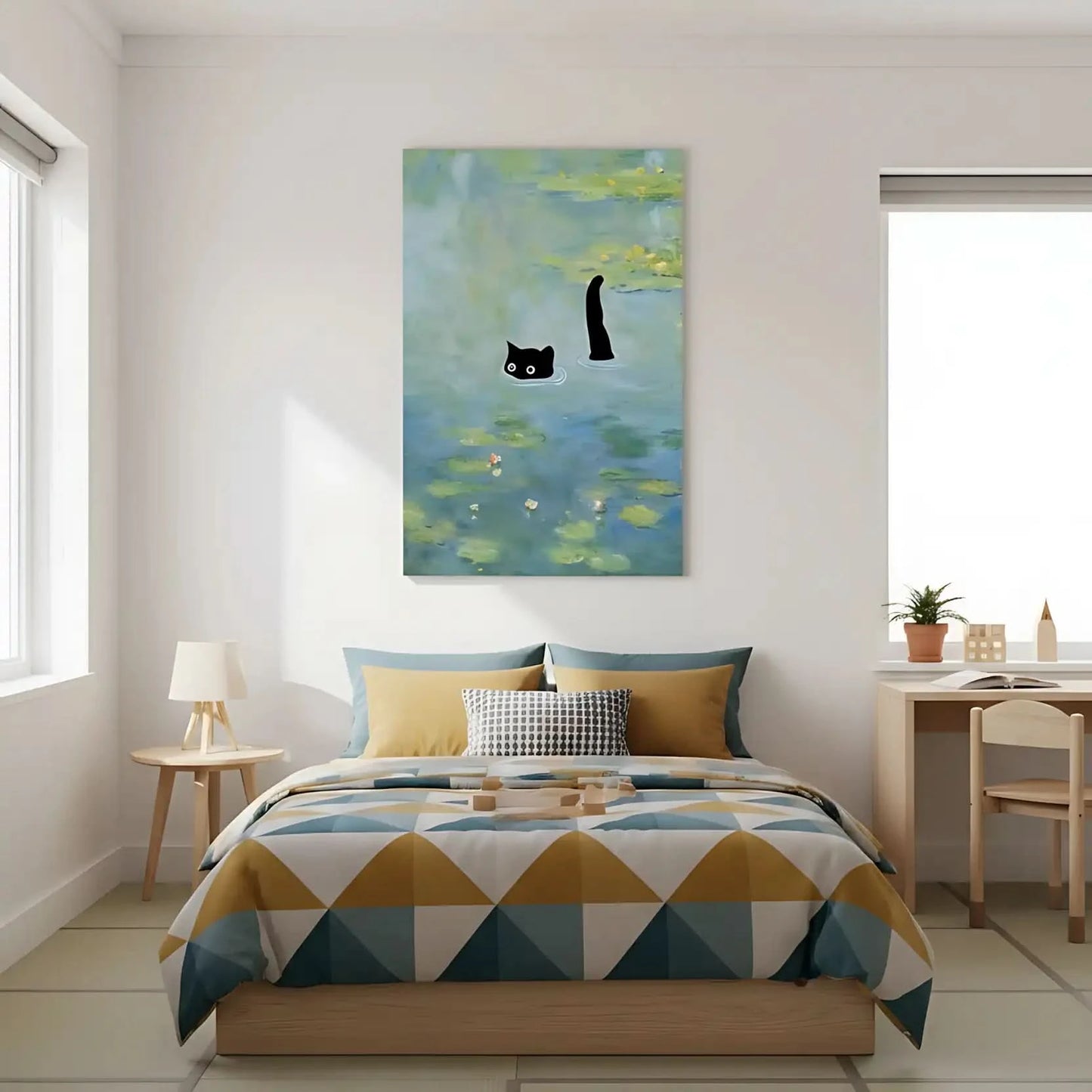 Chat noir mystérieux dans un étang aux nuances de bleu et vert, ambiance paisible et énigmatique pour salon ou bureau.