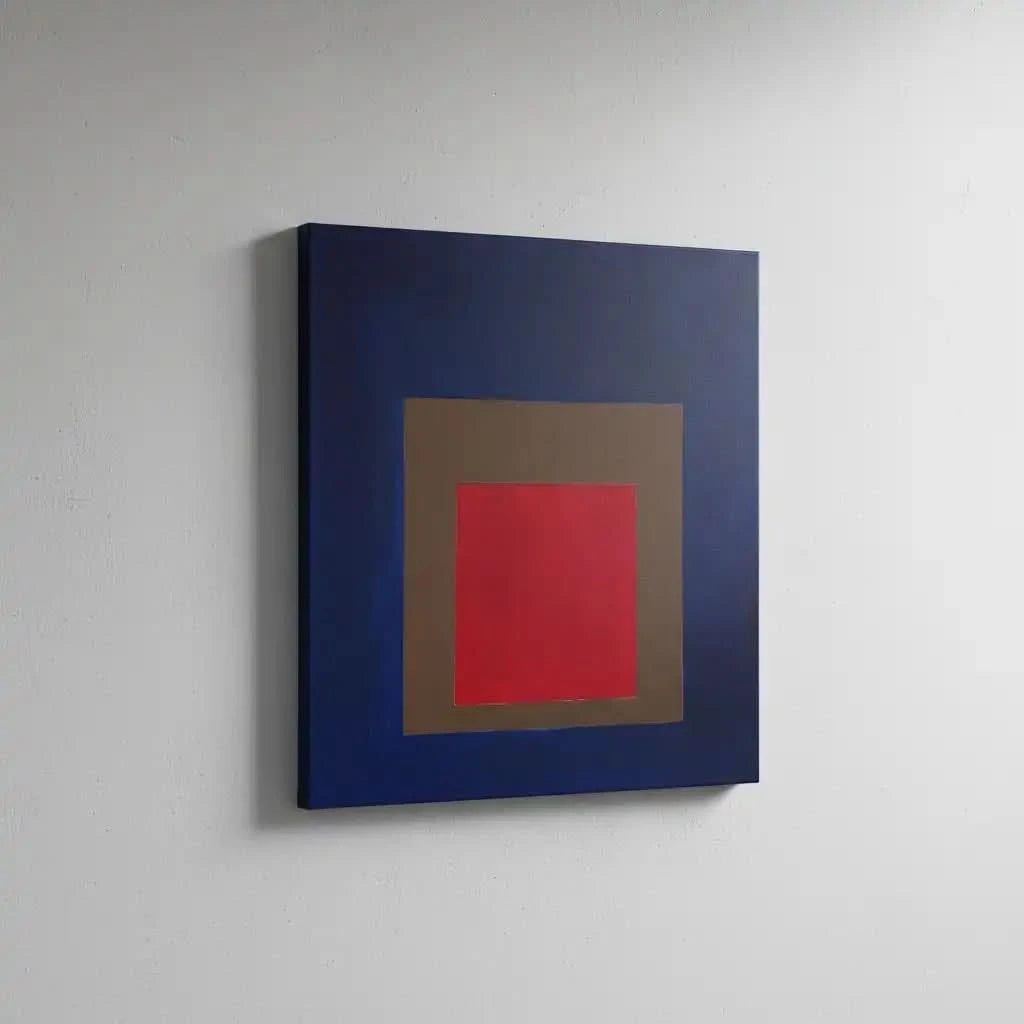 Tableau géométrique avec carré rouge vibrant, encadré de brun et bleu profond, créant une ambiance mystérieuse et captivante.